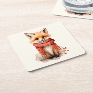 Dessous-de-verre Carré En Papier Renard mignon en écharpe rouge