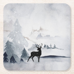 Dessous-de-verre Carré En Papier Rennes dans l'Aquarelle gris sauvage Noël