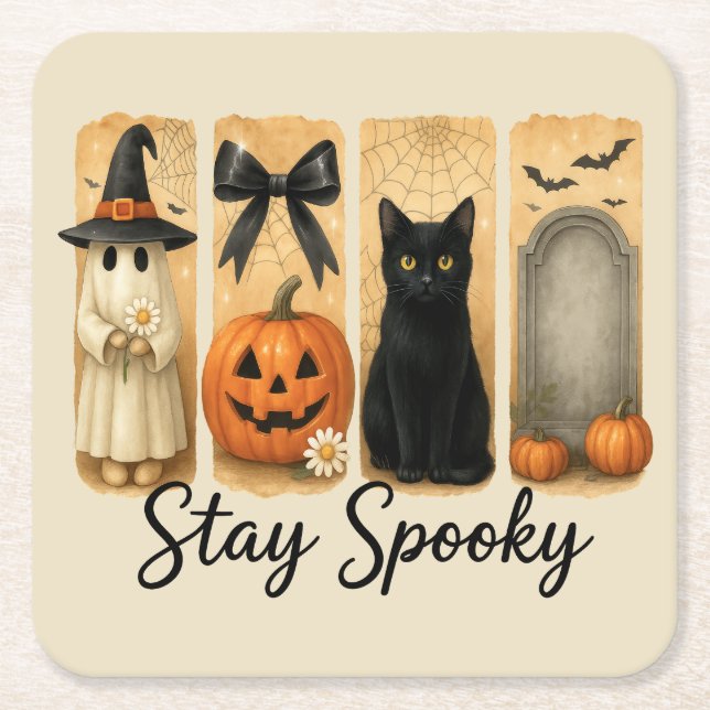 Dessous-de-verre Carré En Papier "Restez Éffrayant" Halloween Brosse Stroke Chat (Devant)
