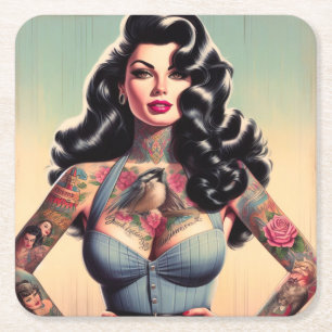 Dessous-de-verre Carré En Papier Retro Beauté tatoué vers le haut