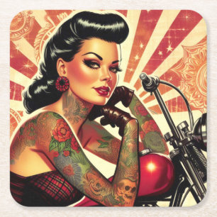 Dessous-de-verre Carré En Papier Retro Biker Pin-up