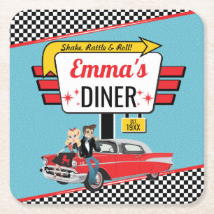 Dessous-de-verre Carré En Papier Retro Diner 1950 Turquoise/Jaune fête d'anniversai