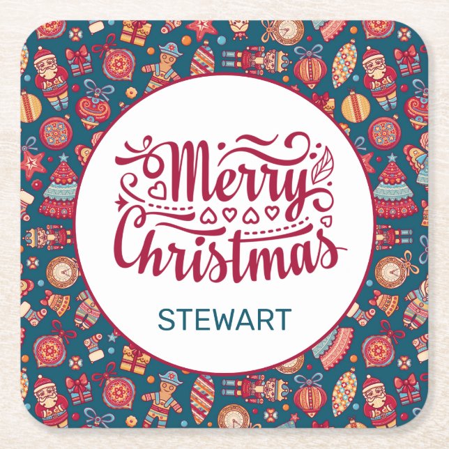 Dessous-de-verre Carré En Papier Retro Joyeux Noël Personnalisé (Devant)