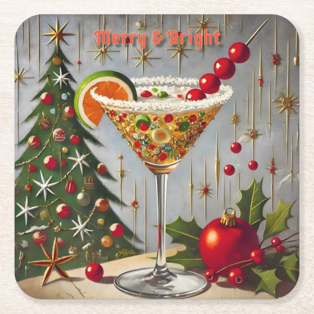 Dessous-de-verre Carré En Papier Retro les années 50 Merry Bright Christmas Candy C (Devant)