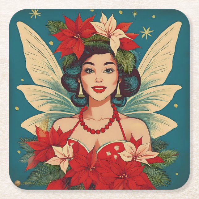 Dessous-de-verre Carré En Papier Retro les années 50 Tropical Christmas Pin-Up Beau (Devant)