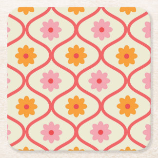 Dessous-de-verre Carré En Papier Retro Orange and Pink flowers on Ogee Pattern 