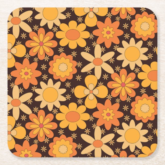 Dessous-de-verre Carré En Papier Retro Super motif floral jaune et orange (Devant)