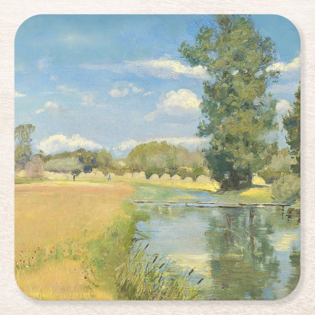 Dessous-de-verre Carré En Papier Rivière à travers un paysage de récolte, été (Devant)