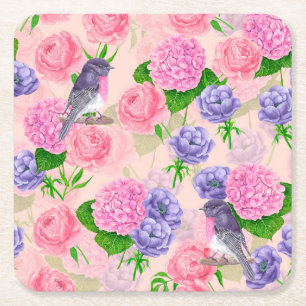 Dessous-de-verre Carré En Papier Robin et fleurs, motif aquarelle