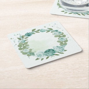 Dessous-de-verre Carré En Papier romantique bleu floral vert dessous de verre carré
