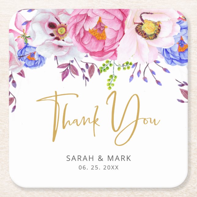 Dessous-de-verre Carré En Papier Romantique Blush & Mariage Merci or (Devant)