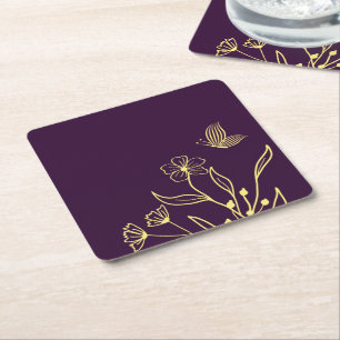 Dessous-de-verre Carré En Papier Romantique élégant or fleur violet mariage