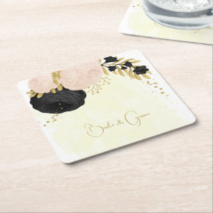 Dessous-de-verre Carré En Papier Romantique noir & rose fleurs or mariage