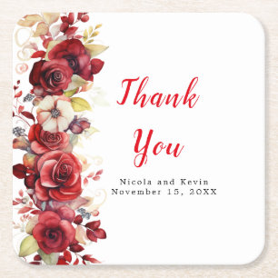 Dessous-de-verre Carré En Papier Romantique Roses Rouges Mariage Floral