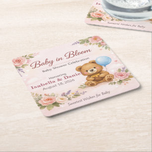 Dessous-de-verre Carré En Papier Rondelles de Baby Shower Ours bébé en fleurs