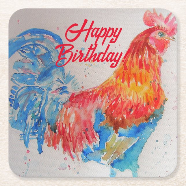 Dessous-de-verre Carré En Papier Rooster rouge aquarelle peinture art Anniversaire (Devant)