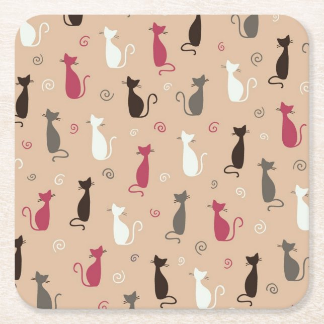 Dessous-de-verre Carré En Papier rose de motif de chats (Devant)