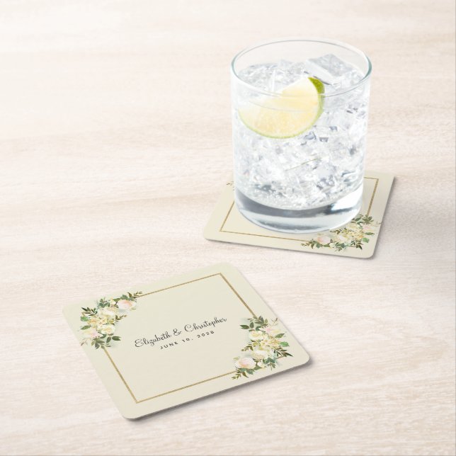 Dessous-de-verre Carré En Papier Rose élégant | Aquarelle Mariage personnalisée (En situation)