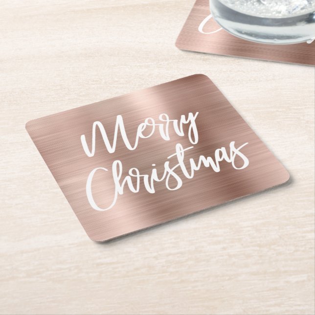 Dessous-de-verre Carré En Papier Rose Gold Metallic Joyeux Noël Calligraphie (Incliné)