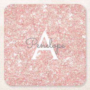 Dessous-de-verre Carré En Papier Rose Gold Rose Pailleté Monogramme Féminin