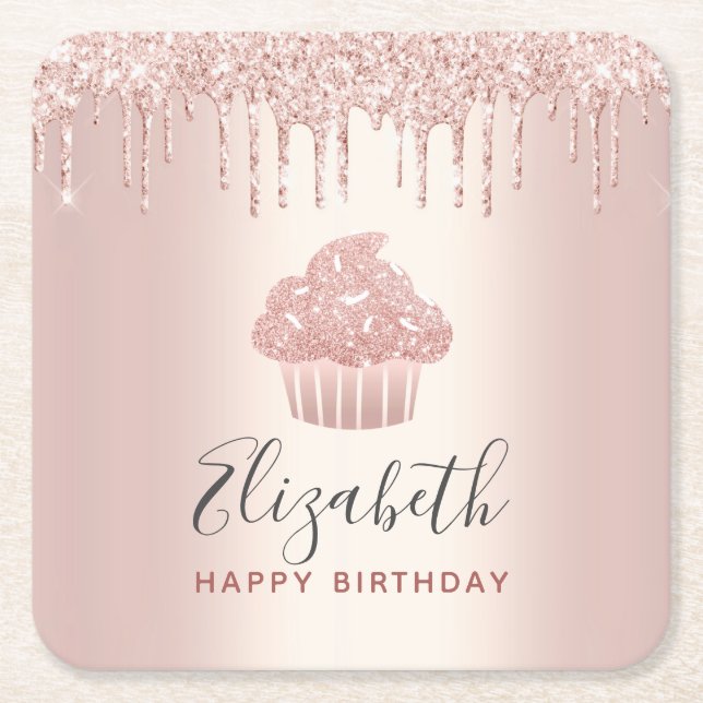 Dessous-de-verre Carré En Papier Rose or ajouter votre nom cupcake parties scintill (Devant)