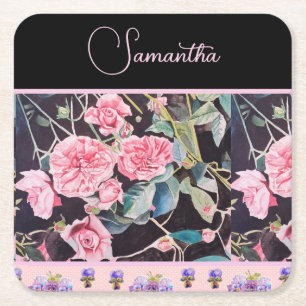 Dessous-de-verre Carré En Papier Rose rose pink aquarelle vintage personnalisable