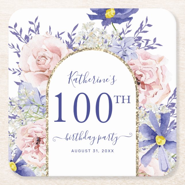 Dessous-de-verre Carré En Papier Rose violet floral Dieu cadre 100e fête d'annivers (Devant)