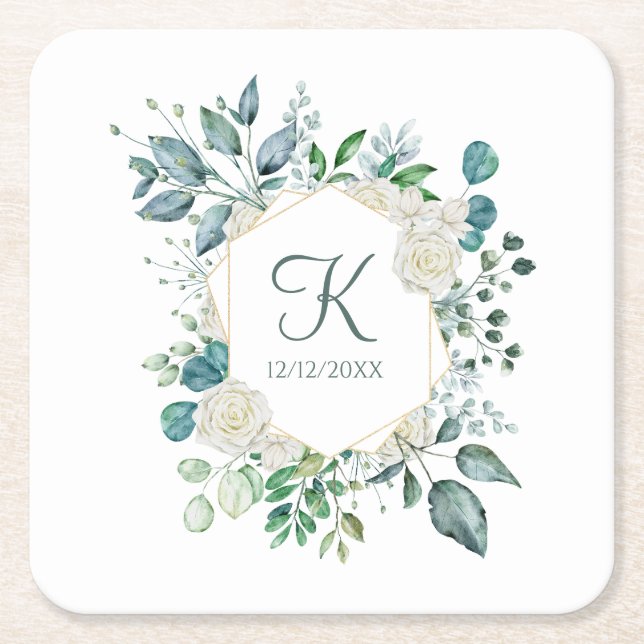 Dessous-de-verre Carré En Papier Roses blanches à monogramme et feuillage Eucalyptu (Devant)