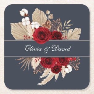 Dessous-de-verre Carré En Papier Roses de Bourgogne et Mariage d'herbe Pampas