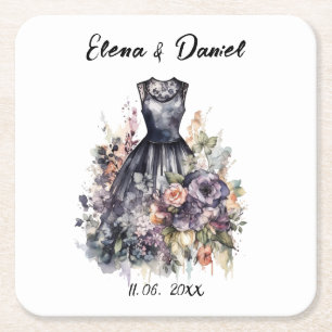 Dessous-de-verre Carré En Papier Roses lavande rose aquarelle robe noire mariage