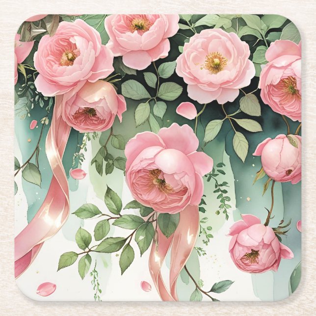 Dessous-de-verre Carré En Papier Roses roses et rubans (Devant)