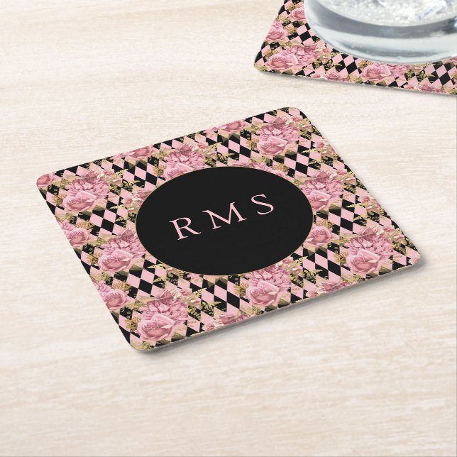 Dessous-de-verre Carré En Papier Roses roses sur le Monogramme arlequin (Incliné)