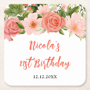 Dessous-de-verre Carré En Papier Roses rouges corail avec feuillage pour anniversai