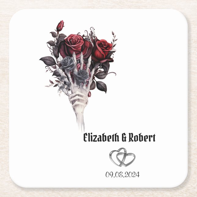 Dessous-de-verre Carré En Papier Roses rouges gothiques Squelette Mariage (Devant)