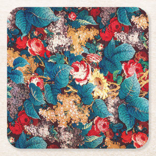 Dessous-de-verre Carré En Papier Roses rouges vintages et motif floral lilas