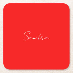 Dessous-de-verre Carré En Papier Rouge Blanc manuscrit Minimaliste Votre Nom