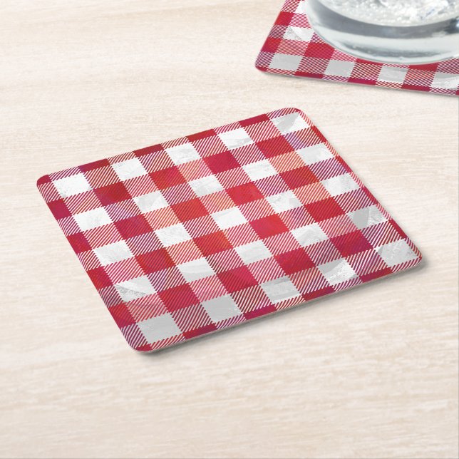 Dessous-de-verre Carré En Papier Rouge et blanc À damiers plaid (Incliné)