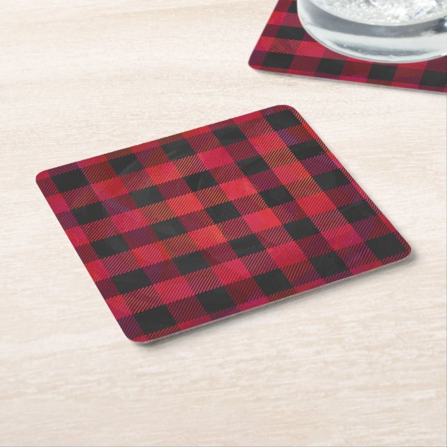 Dessous-de-verre Carré En Papier Rouge et noir À damiers plaid (Incliné)