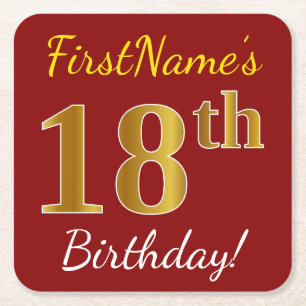 Dessous-de-verre Carré En Papier Rouge, Faux Gold 18e anniversaire + Nom personnali