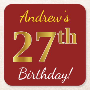Dessous-de-verre Carré En Papier Rouge, Faux Gold 27e anniversaire + Nom personnali