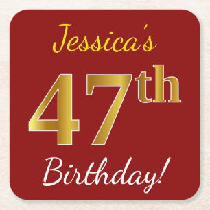 Dessous-de-verre Carré En Papier Rouge, Faux Gold 47e anniversaire + Nom personnali