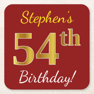 Dessous-de-verre Carré En Papier Rouge, Faux Gold 54e anniversaire + Nom personnali