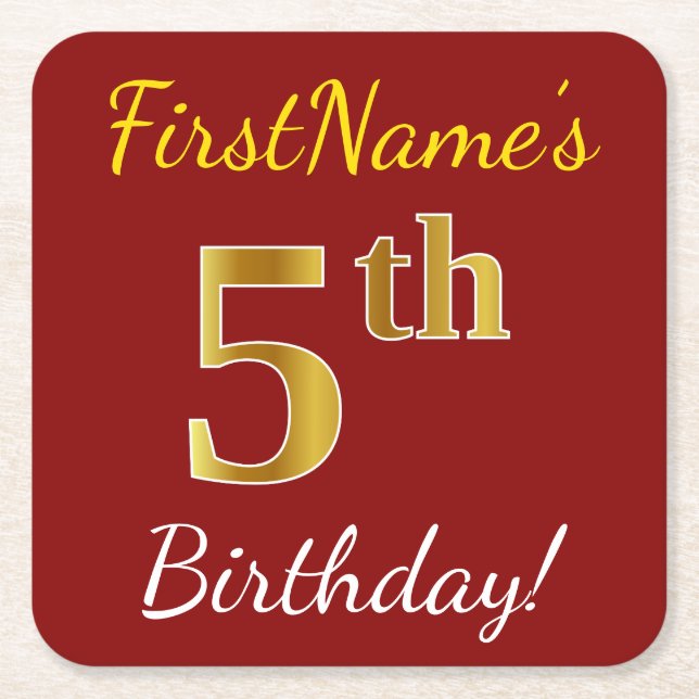 Dessous-de-verre Carré En Papier Rouge, Faux Gold 5e anniversaire + Nom personnalis (Devant)