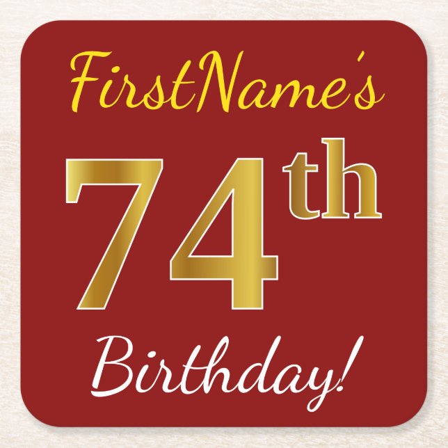 Dessous-de-verre Carré En Papier Rouge, Faux Gold 74e anniversaire + Nom personnali (Devant)