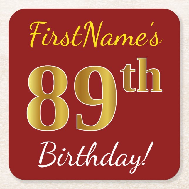 Dessous-de-verre Carré En Papier Rouge, Faux Gold 89e anniversaire + Nom personnali (Devant)
