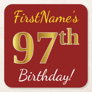 Dessous-de-verre Carré En Papier Rouge, Faux Gold 97e anniversaire + Nom personnali