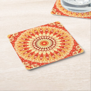 Dessous-de-verre Carré En Papier Rouge Jaune Orange Summer Sun Mandala Motif
