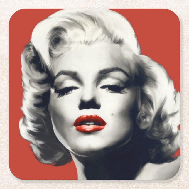 Dessous-de-verre Carré En Papier Rouge sur les lèvres rouges Marilyn (Devant)