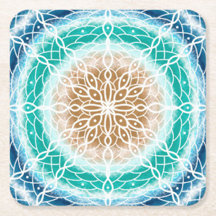 Dessous-de-verre Carré En Papier Round Ocean Waves Mandala Turquoise et Turquoise