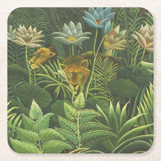 Dessous-de-verre Carré En Papier Rousseau Tropical Jungle Lion Peinture (Devant)